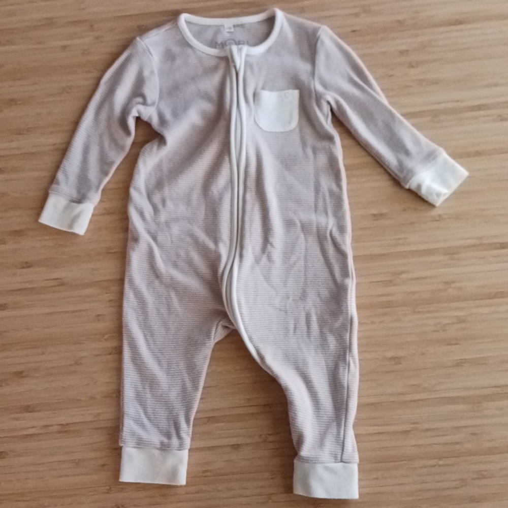 Mori brand, striped footless baby onesie